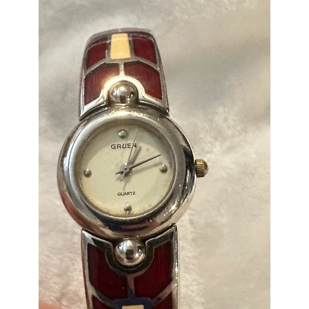 Gruen Quartz Bangle Watch Red and‎ Silver Tone Stylish Womens Jewelry